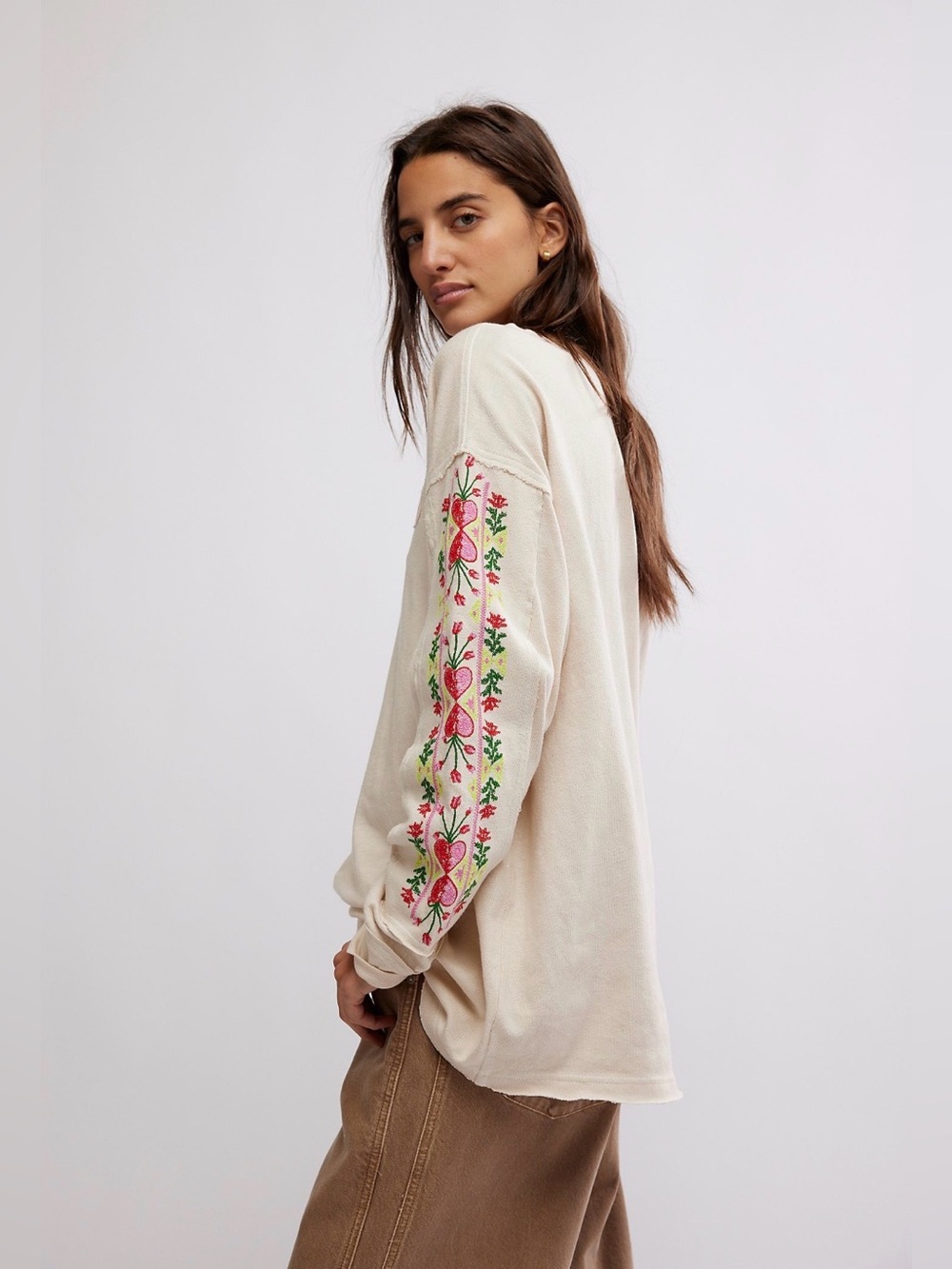 Free People All My Heart Tee in ivory Embroidered Bear Crewneck Sweatshirt - Picture 2 of 12